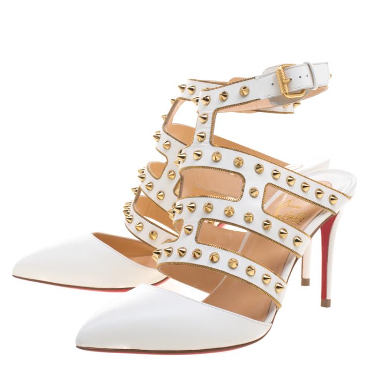Pre Owned Christian Louboutin White  Leather Tchicaboum Spike Embellished  Strappy Sandals Size 38.5