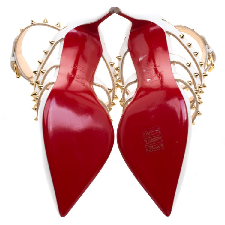 Pre Owned Christian Louboutin White  Leather Tchicaboum Spike Embellished  Strappy Sandals Size 38.5