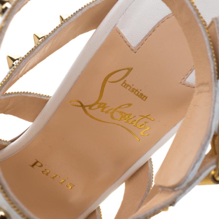Pre Owned Christian Louboutin White  Leather Tchicaboum Spike Embellished  Strappy Sandals Size 38.5