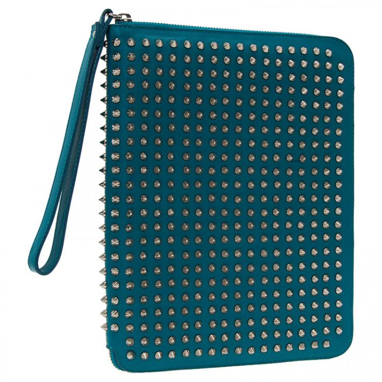 Pre Owned Christian Louboutin Teal Spiked Leather Cris iPad Case  