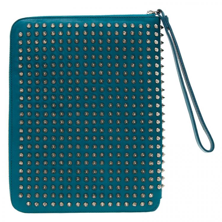Pre Owned Christian Louboutin Teal Spiked Leather Cris iPad Case  