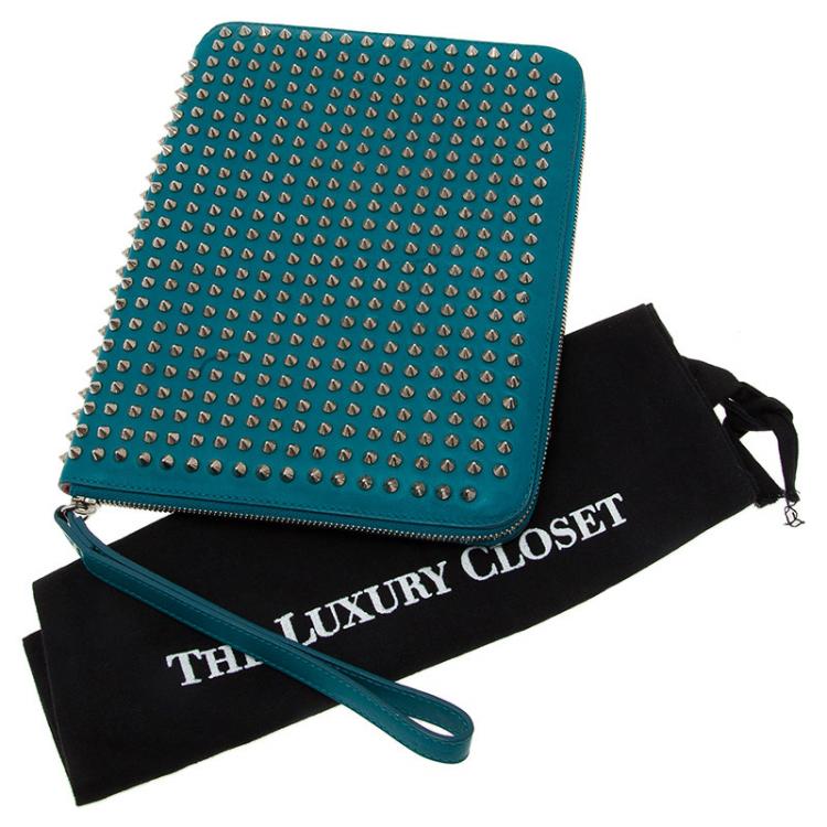Pre Owned Christian Louboutin Teal Spiked Leather Cris iPad Case  