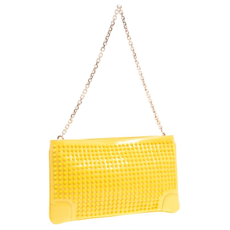 Pre Owned Christian Louboutin Yellow Patent Leather Studded Loubiposh Clutch 