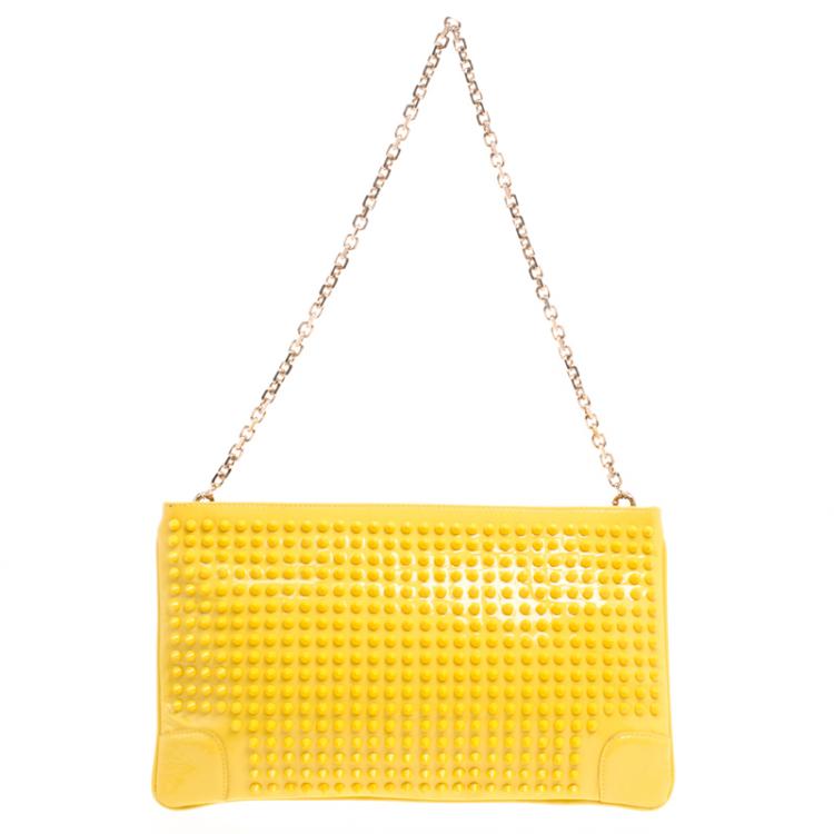 Pre Owned Christian Louboutin Yellow Patent Leather Studded Loubiposh Clutch 