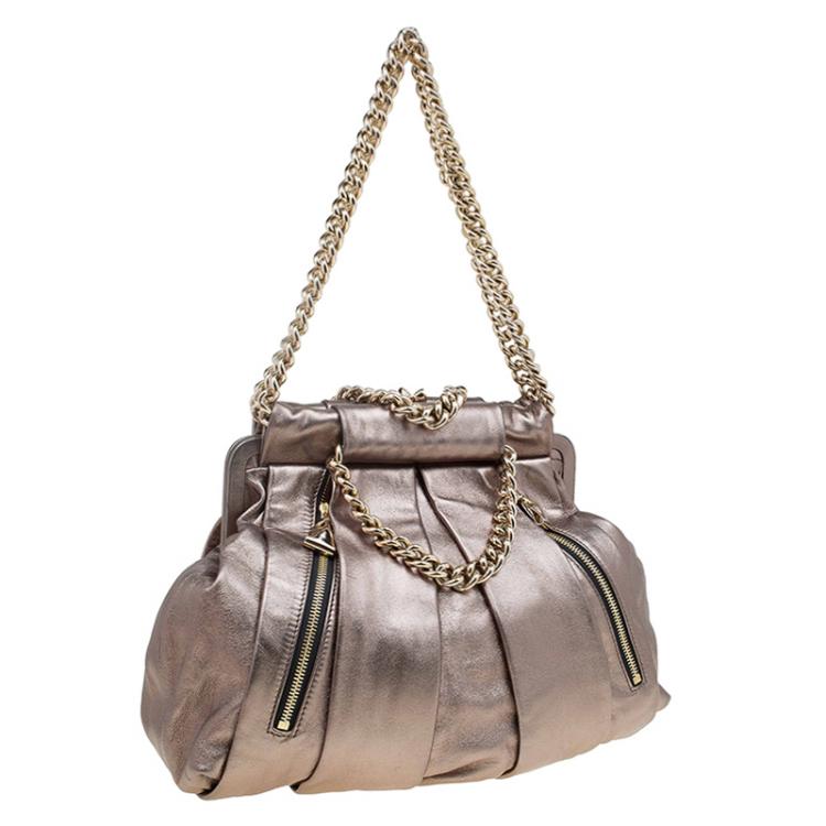 Pre Owned Christian Louboutin Bronze Pleated Leather Loubinette Hobo