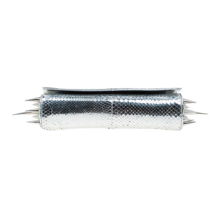 Pre Owned Christian Louboutin Silver Python Marquise Spiked Clutch