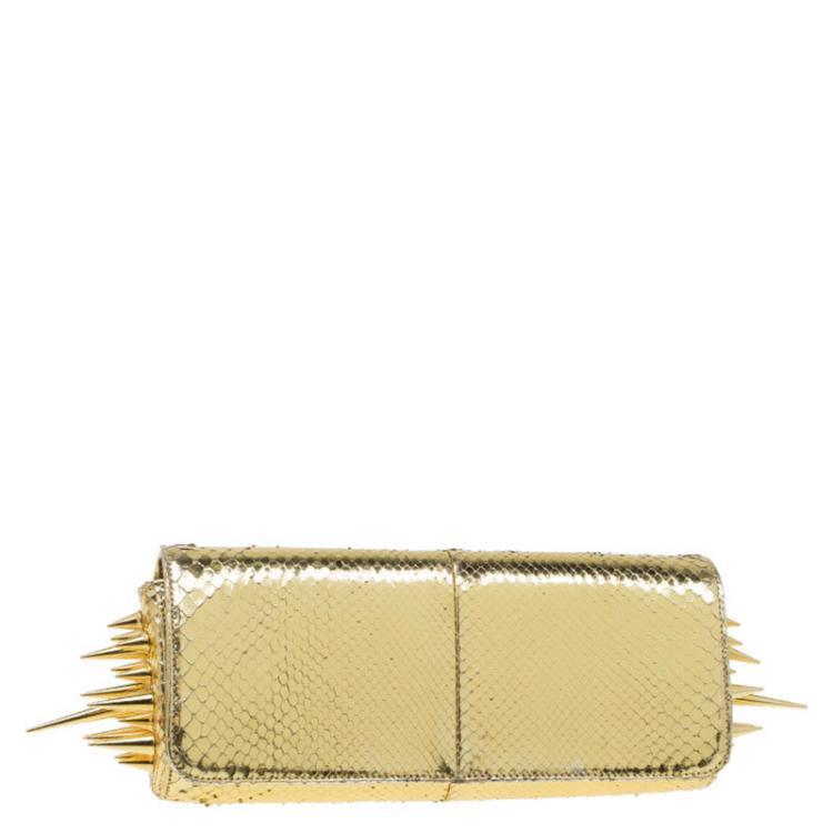 Pre Owned Christian Louboutin Gold Python Marquise Spiked Clutch