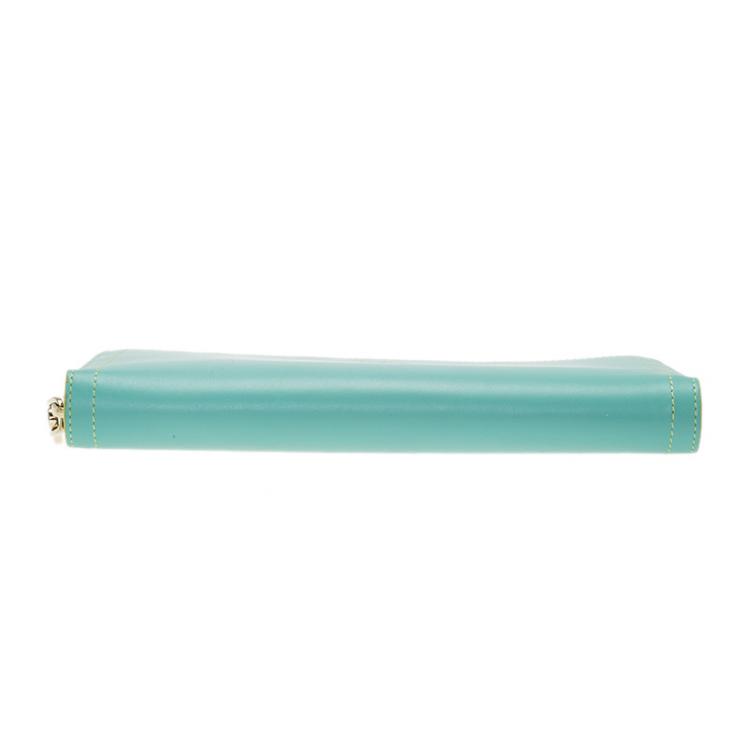 Pre Owned Christian Louboutin Turquoise Leather Zip Around Agenda Wallet