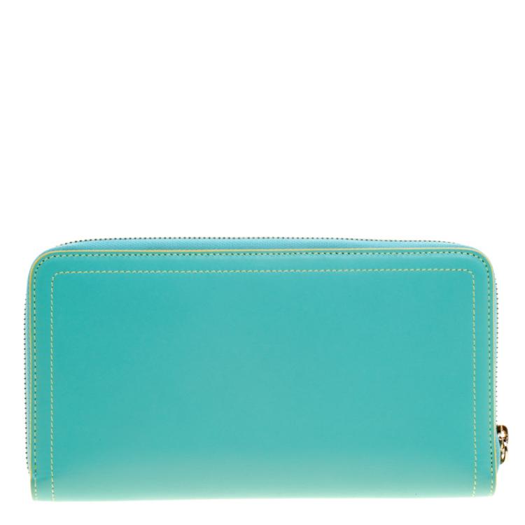 Pre Owned Christian Louboutin Turquoise Leather Zip Around Agenda Wallet