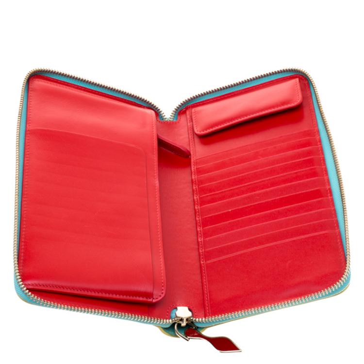 Pre Owned Christian Louboutin Turquoise Leather Zip Around Agenda Wallet