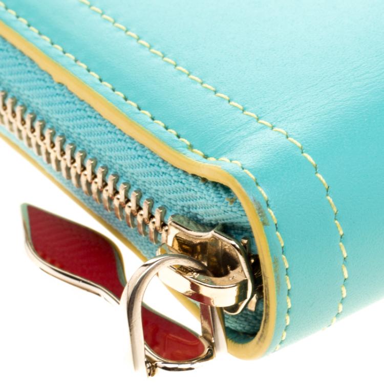 Pre Owned Christian Louboutin Turquoise Leather Zip Around Agenda Wallet