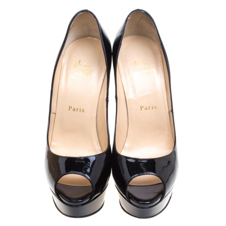 Pre Owned Christian Louboutin Black Patent Leather Lady Peep Toe Platform Pumps Size 38.5
