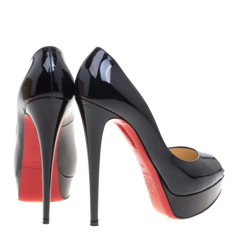 Pre Owned Christian Louboutin Black Patent Leather Lady Peep Toe Platform Pumps Size 38.5