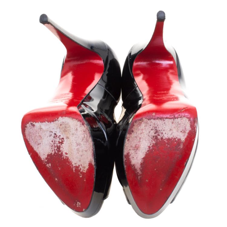 Pre Owned Christian Louboutin Black Patent Leather Lady Peep Toe Platform Pumps Size 38.5