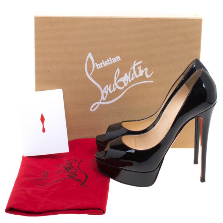 Pre Owned Christian Louboutin Black Patent Leather Lady Peep Toe Platform Pumps Size 38.5