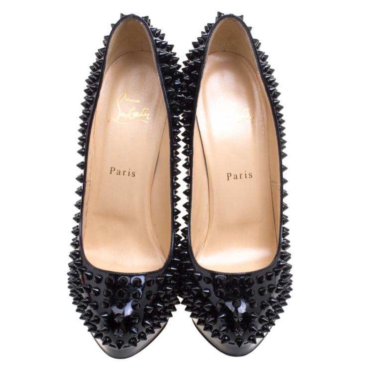 Pre Owned Christian Louboutin Black Patent Leather Lady Peep Toe Spike Platform Pumps Size 39