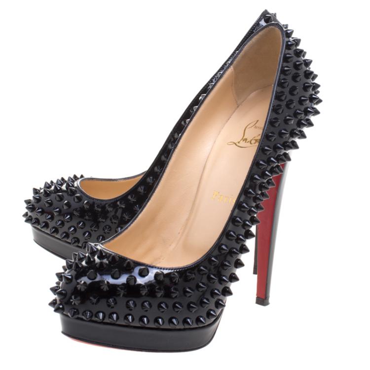 Pre Owned Christian Louboutin Black Patent Leather Lady Peep Toe Spike Platform Pumps Size 39