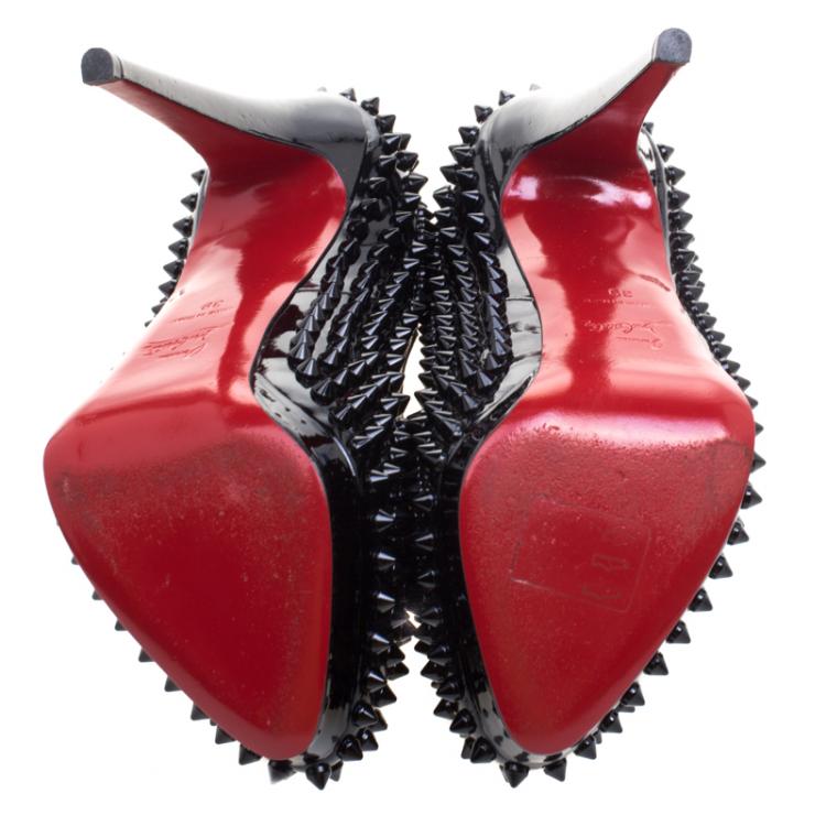 Pre Owned Christian Louboutin Black Patent Leather Lady Peep Toe Spike Platform Pumps Size 39