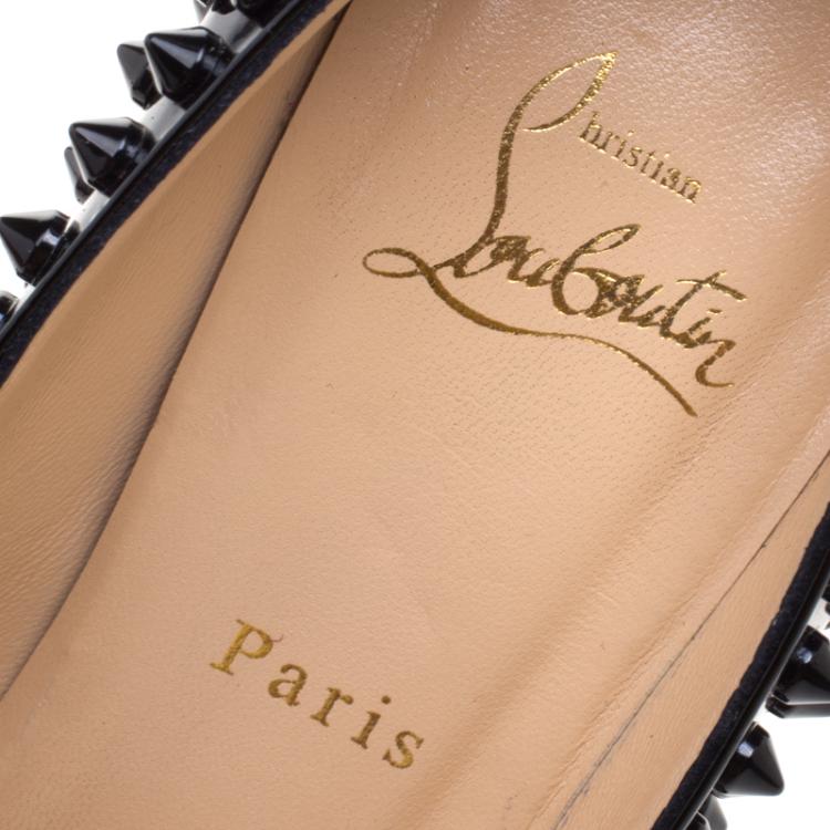 Pre Owned Christian Louboutin Black Patent Leather Lady Peep Toe Spike Platform Pumps Size 39