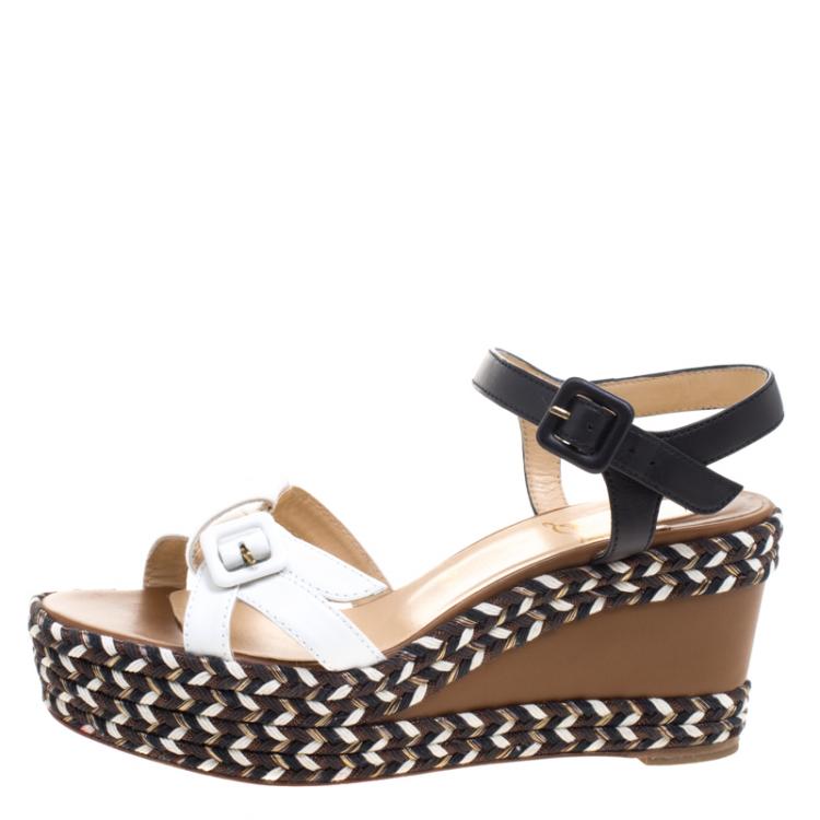 Pre Owned Christian Louboutin Tricolor Leather Lagoa Rope Trimmed Wedge Sandals Size 38
