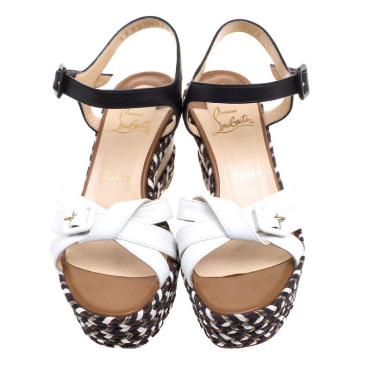 Pre Owned Christian Louboutin Tricolor Leather Lagoa Rope Trimmed Wedge Sandals Size 38