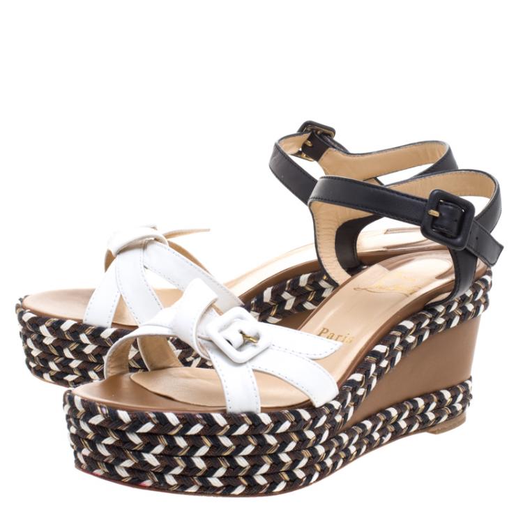 Pre Owned Christian Louboutin Tricolor Leather Lagoa Rope Trimmed Wedge Sandals Size 38