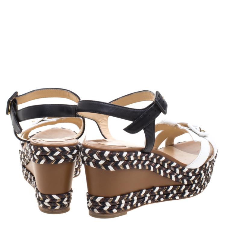 Pre Owned Christian Louboutin Tricolor Leather Lagoa Rope Trimmed Wedge Sandals Size 38