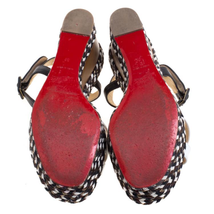 Pre Owned Christian Louboutin Tricolor Leather Lagoa Rope Trimmed Wedge Sandals Size 38