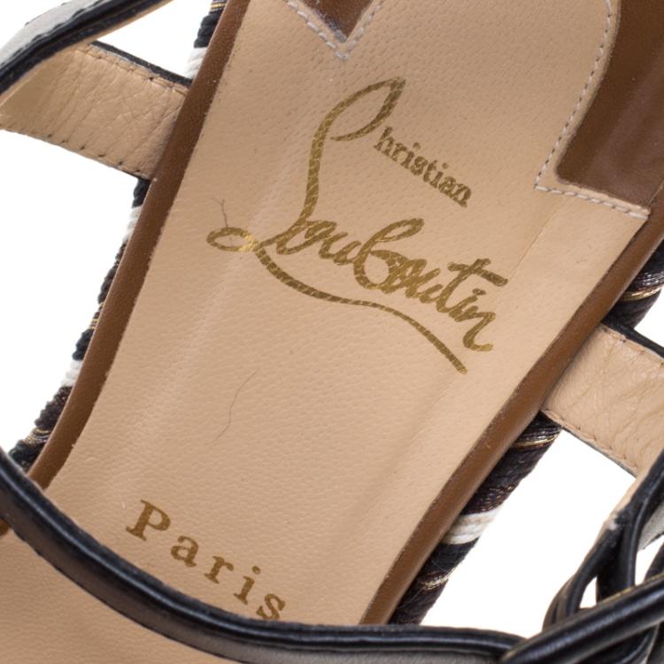 Pre Owned Christian Louboutin Tricolor Leather Lagoa Rope Trimmed Wedge Sandals Size 38