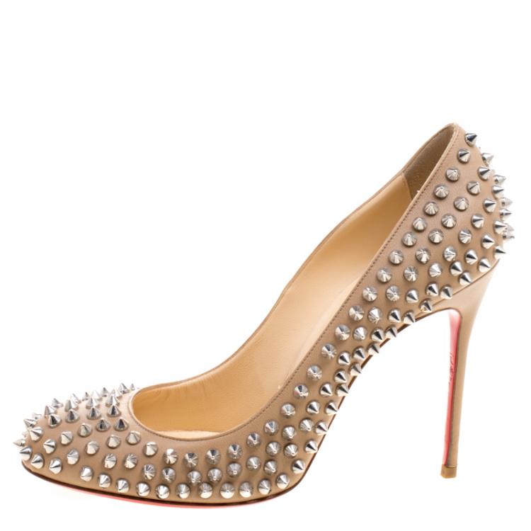Pre Owned Christian Louboutin Beige Leather Fifi Spike Pumps Size 39