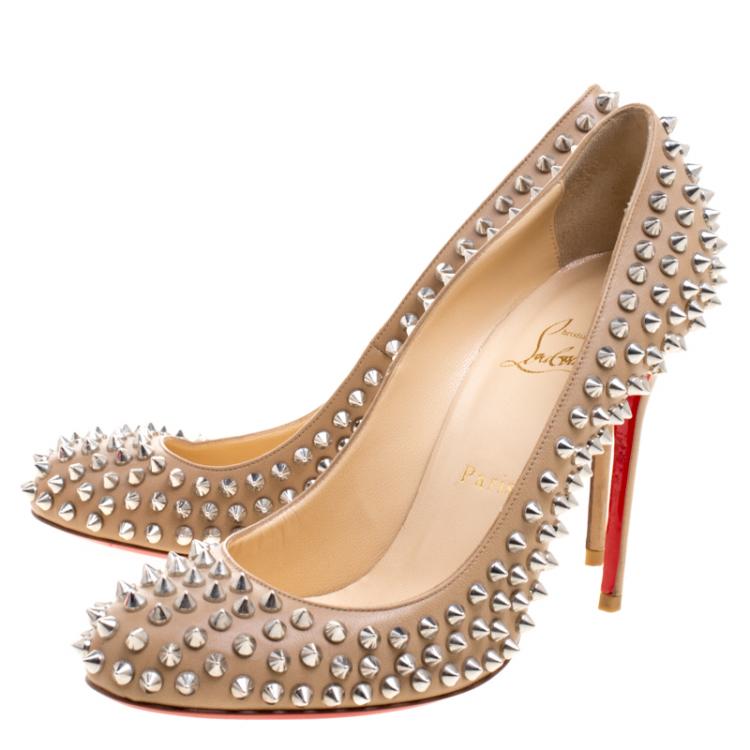 Pre Owned Christian Louboutin Beige Leather Fifi Spike Pumps Size 39