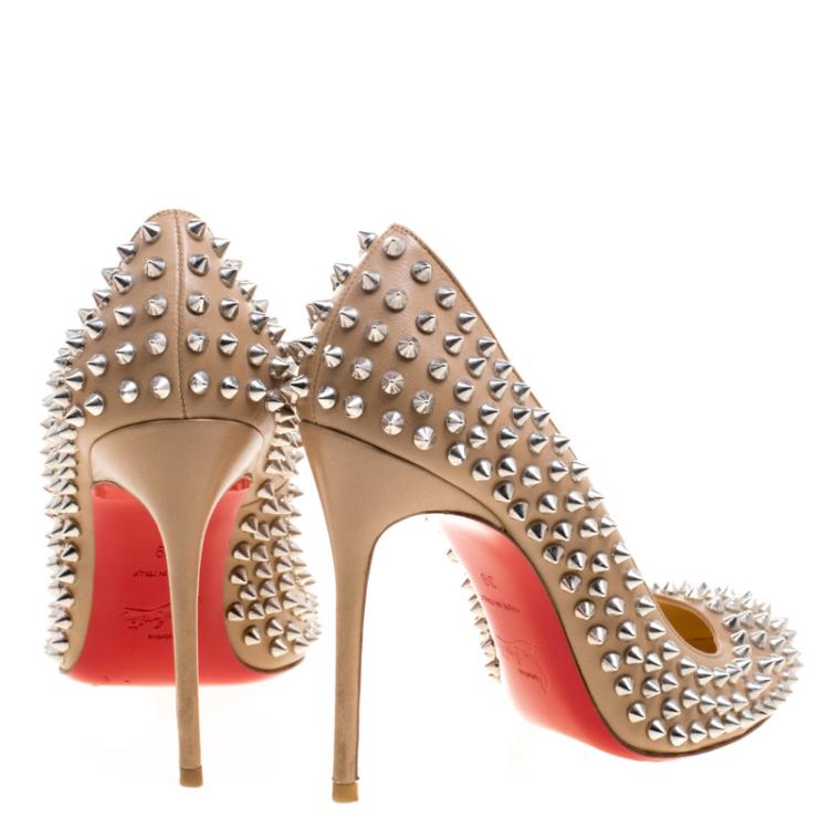 Pre Owned Christian Louboutin Beige Leather Fifi Spike Pumps Size 39