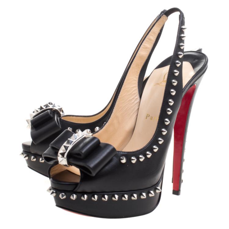 مملوكة مسبقًا Christian Louboutin Black Spike Leather Lady Clou Platform Slingback Sandals Size 40
