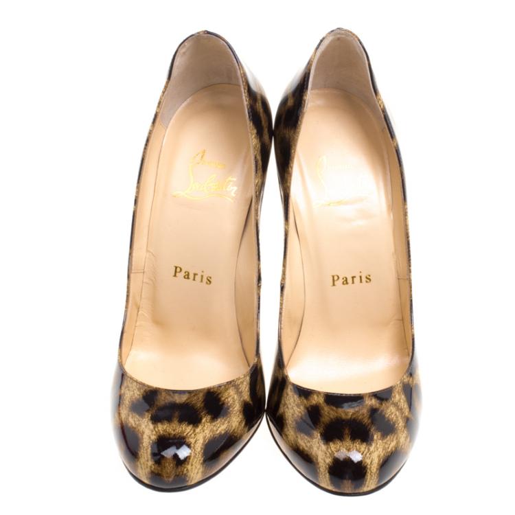 Pre Owned Christian Louboutin Leopard Print Patent Leather Fifi Pumps Size 36.5