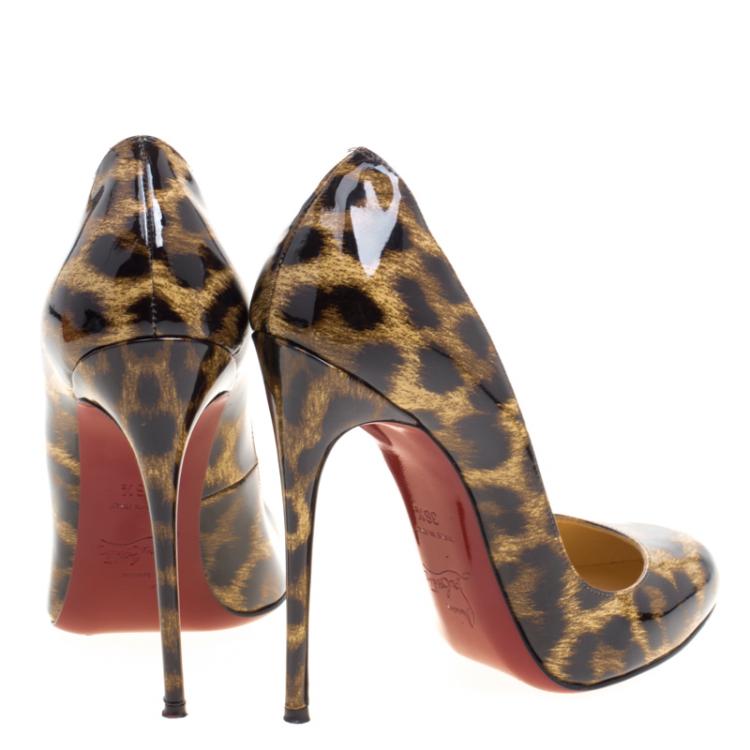 Pre Owned Christian Louboutin Leopard Print Patent Leather Fifi Pumps Size 36.5