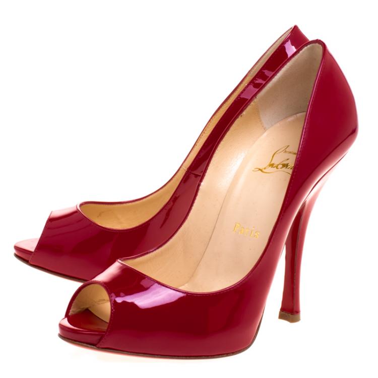 Pre Owned Christian Louboutin Red Patent Leather Maryl Peep Toe Pumps Size 38