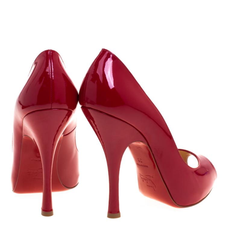Pre Owned Christian Louboutin Red Patent Leather Maryl Peep Toe Pumps Size 38