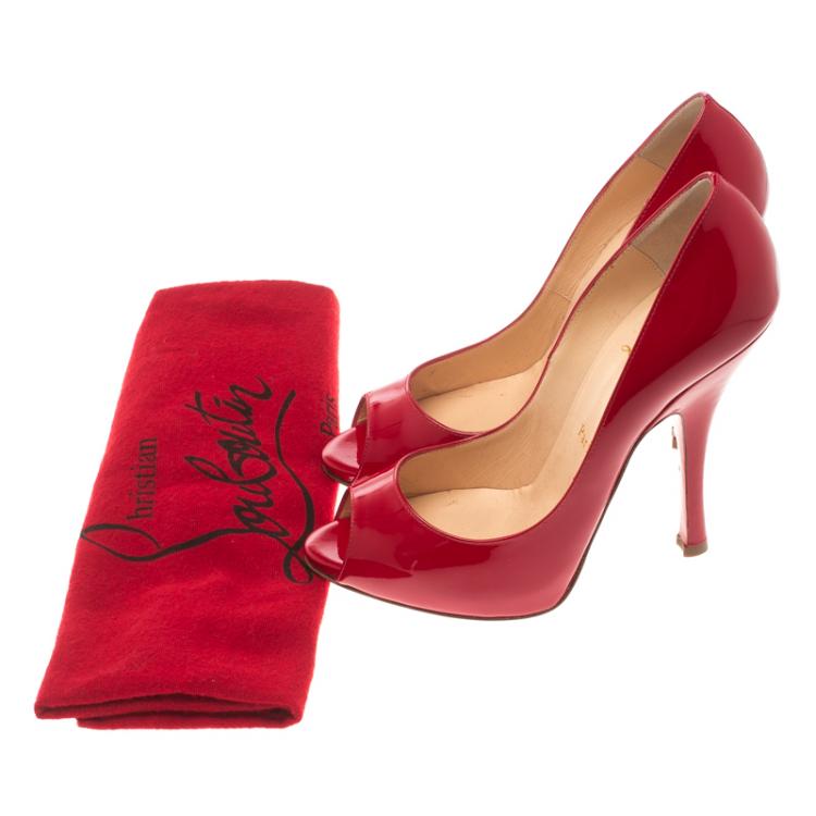 Pre Owned Christian Louboutin Red Patent Leather Maryl Peep Toe Pumps Size 38