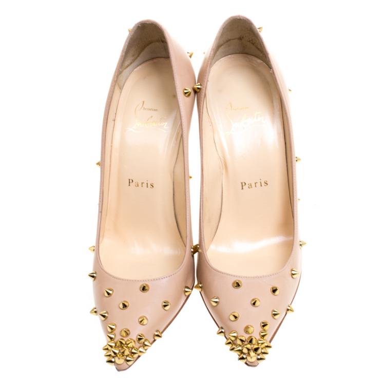 Pre Owned Christian Louboutin Beige Spike Embellished Leather Degraspike Pointed Toe Pumps Size 37