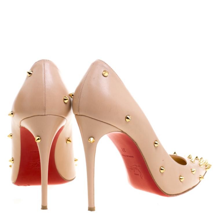 Pre Owned Christian Louboutin Beige Spike Embellished Leather Degraspike Pointed Toe Pumps Size 37