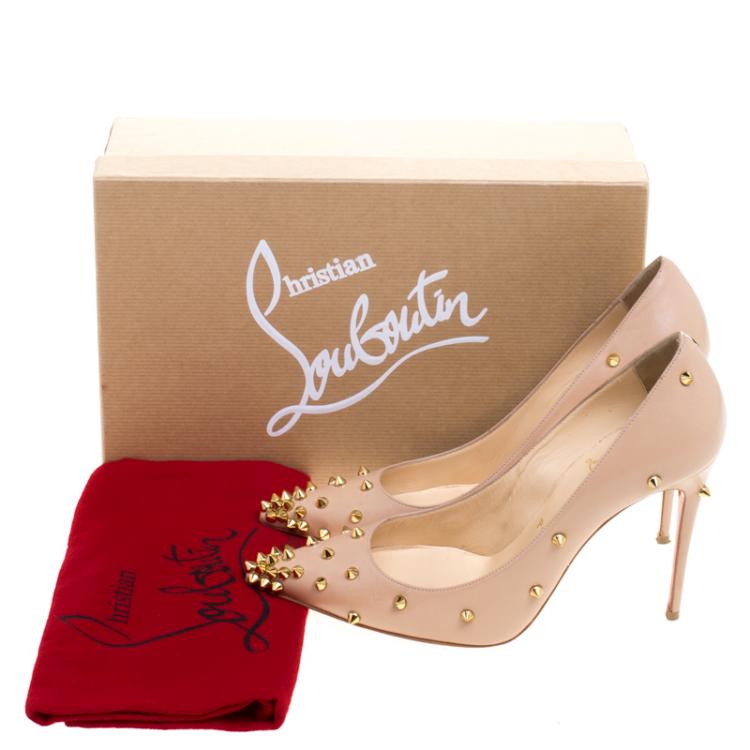 Pre Owned Christian Louboutin Beige Spike Embellished Leather Degraspike Pointed Toe Pumps Size 37