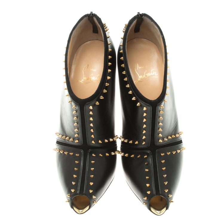 مملوكة مسبقًا Christian Louboutin Black Spiked Leather Carapachoc Peep Toe Ankle Boots Size 38