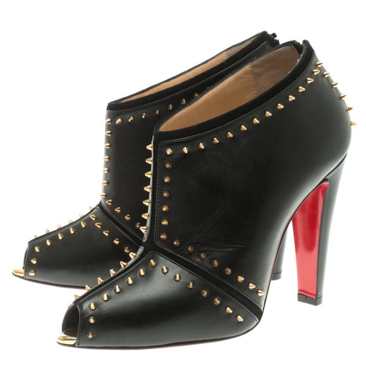 مملوكة مسبقًا Christian Louboutin Black Spiked Leather Carapachoc Peep Toe Ankle Boots Size 38