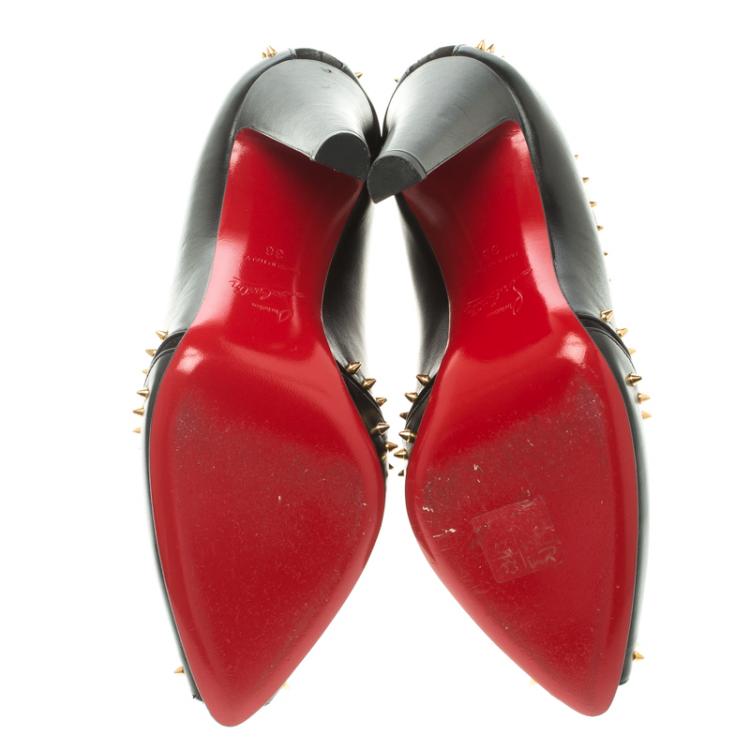 مملوكة مسبقًا Christian Louboutin Black Spiked Leather Carapachoc Peep Toe Ankle Boots Size 38
