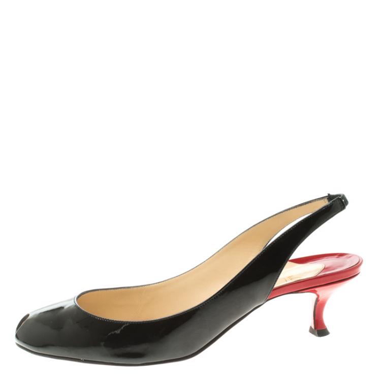 Pre Owned Christian Louboutin Black Patent Leather Peep Toe Slingback Sandals Size 39