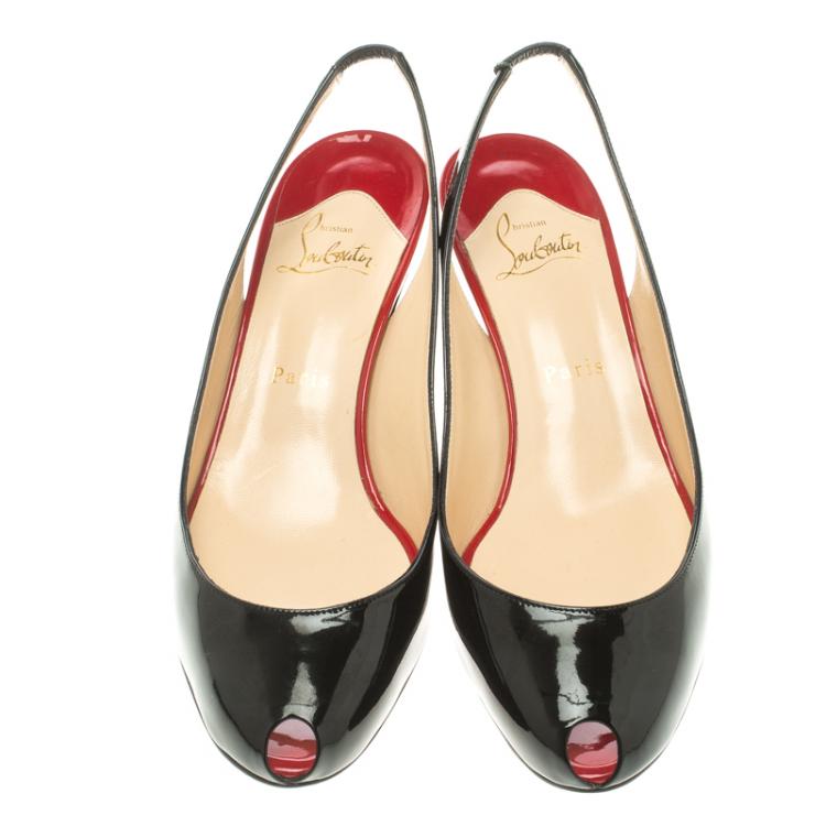 Pre Owned Christian Louboutin Black Patent Leather Peep Toe Slingback Sandals Size 39