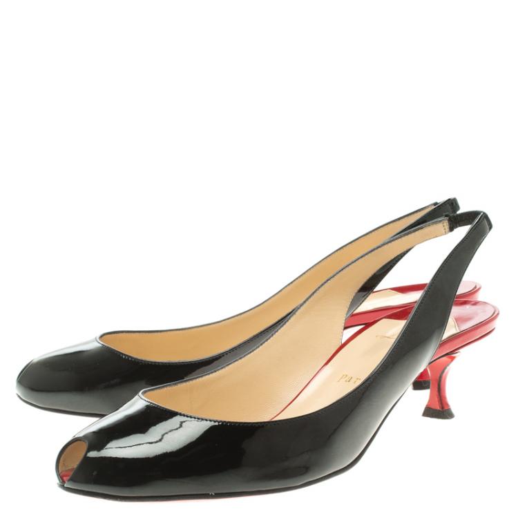 Pre Owned Christian Louboutin Black Patent Leather Peep Toe Slingback Sandals Size 39