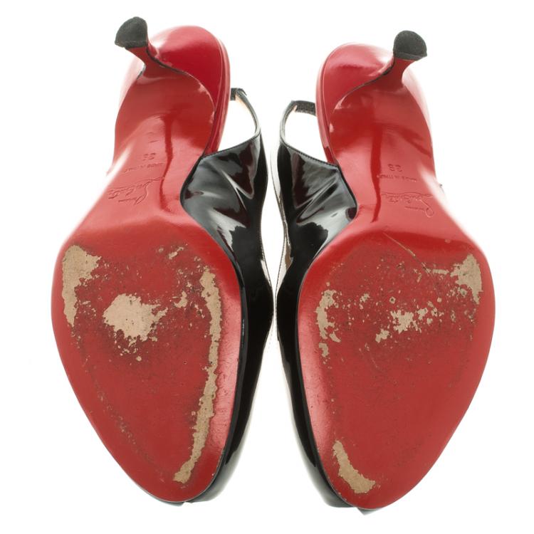Pre Owned Christian Louboutin Black Patent Leather Peep Toe Slingback Sandals Size 39