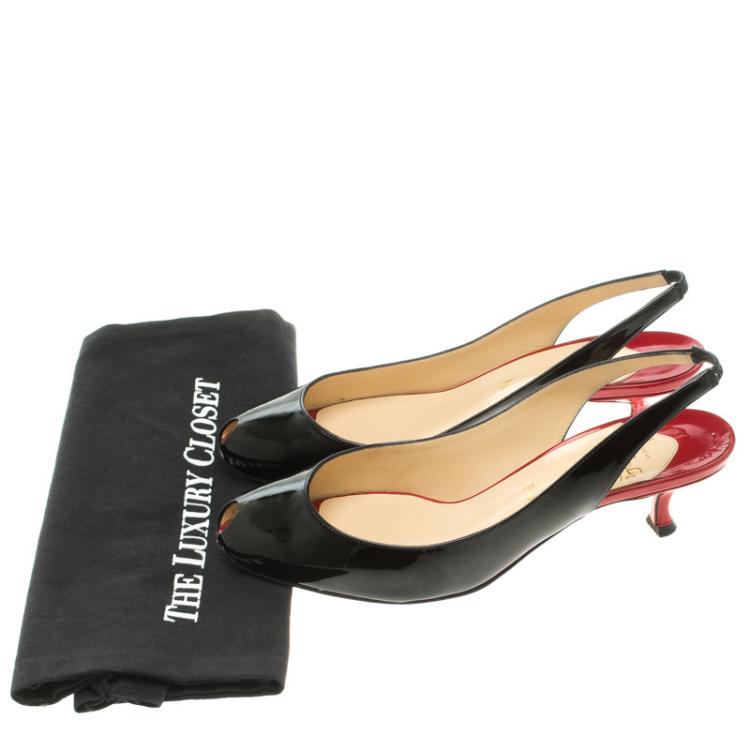 Pre Owned Christian Louboutin Black Patent Leather Peep Toe Slingback Sandals Size 39