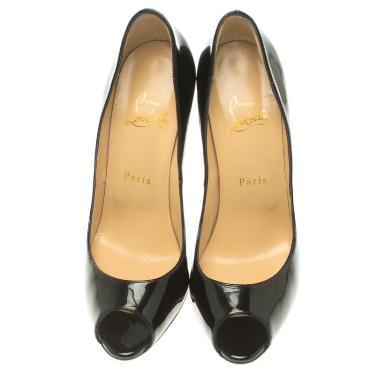 Pre Owned Christian Louboutin Black Patent Leather Jolly Wavy Heel Peep Toe Pumps Size 39